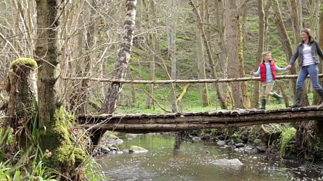 一家人走过森林里小溪上的木桥视频素材