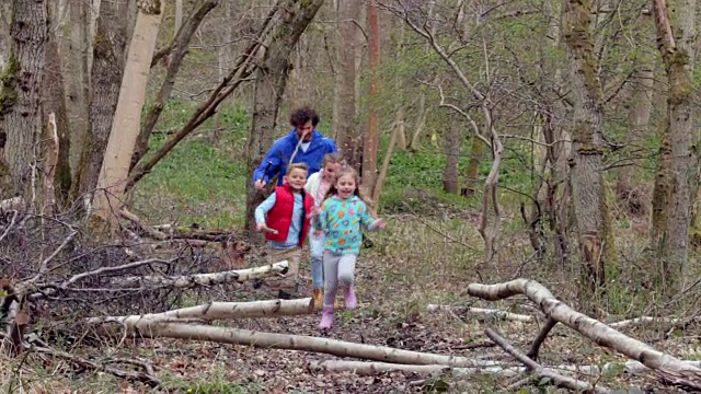 父亲和孩子们在森林里玩游戏视频素材