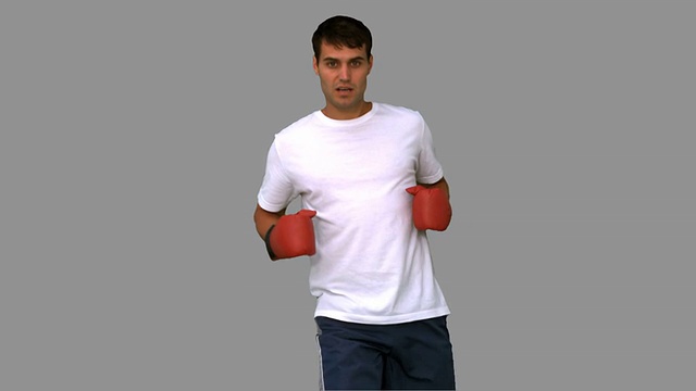 英俊的拳击手表演高踢灰色屏幕视频素材