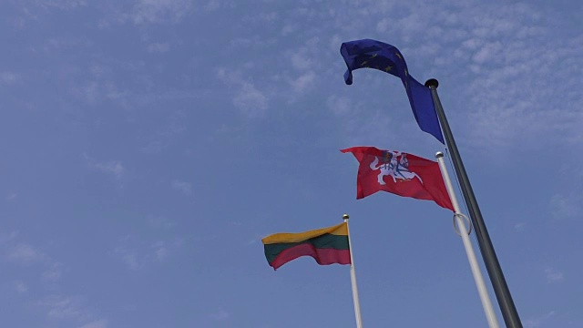 立陶宛和欧盟的国旗在天空中飘扬视频素材
