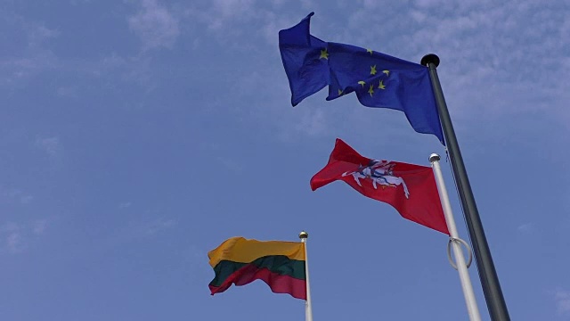 立陶宛和欧盟的旗帜接近了视频素材