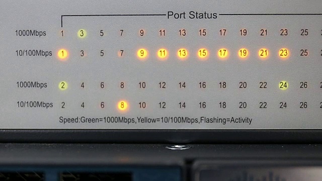 放大网络服务器上的灯光和连接状态。视频素材