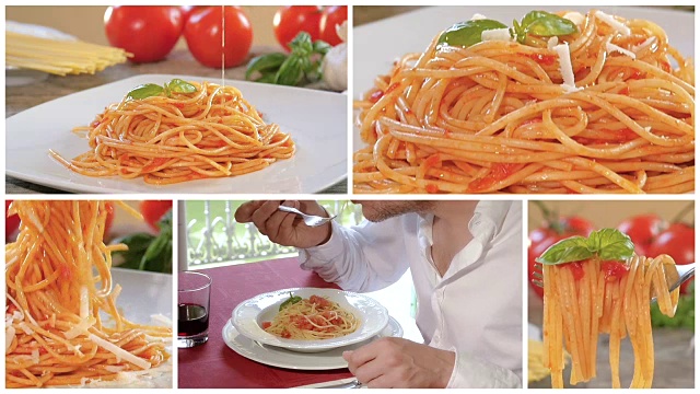 烹饪和吃意大利面条蒙太奇视频素材