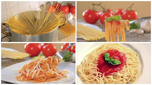 烹饪和吃意大利面条蒙太奇视频素材