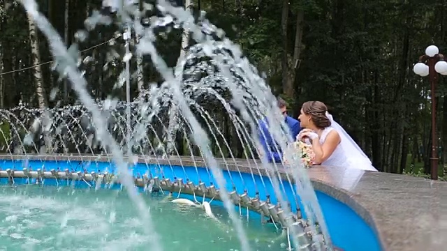 幸福的新娘和新郎站在公园的喷泉旁边视频素材