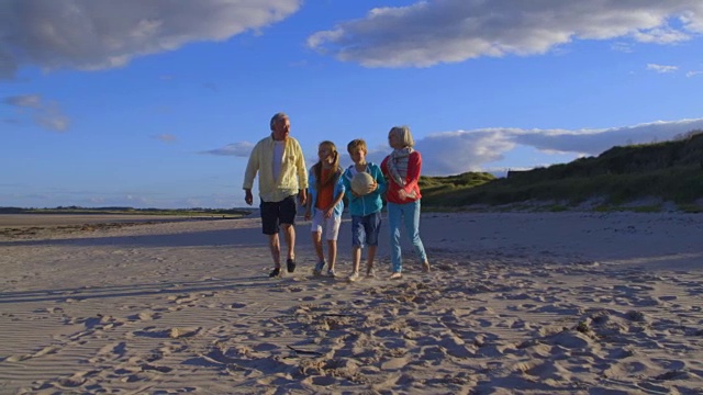 慢镜头:爷爷奶奶和孙子孙女在海滩上散步视频素材