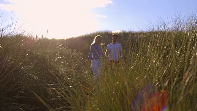 浪漫的情侣手牵着手走过沙丘的慢镜头视频下载