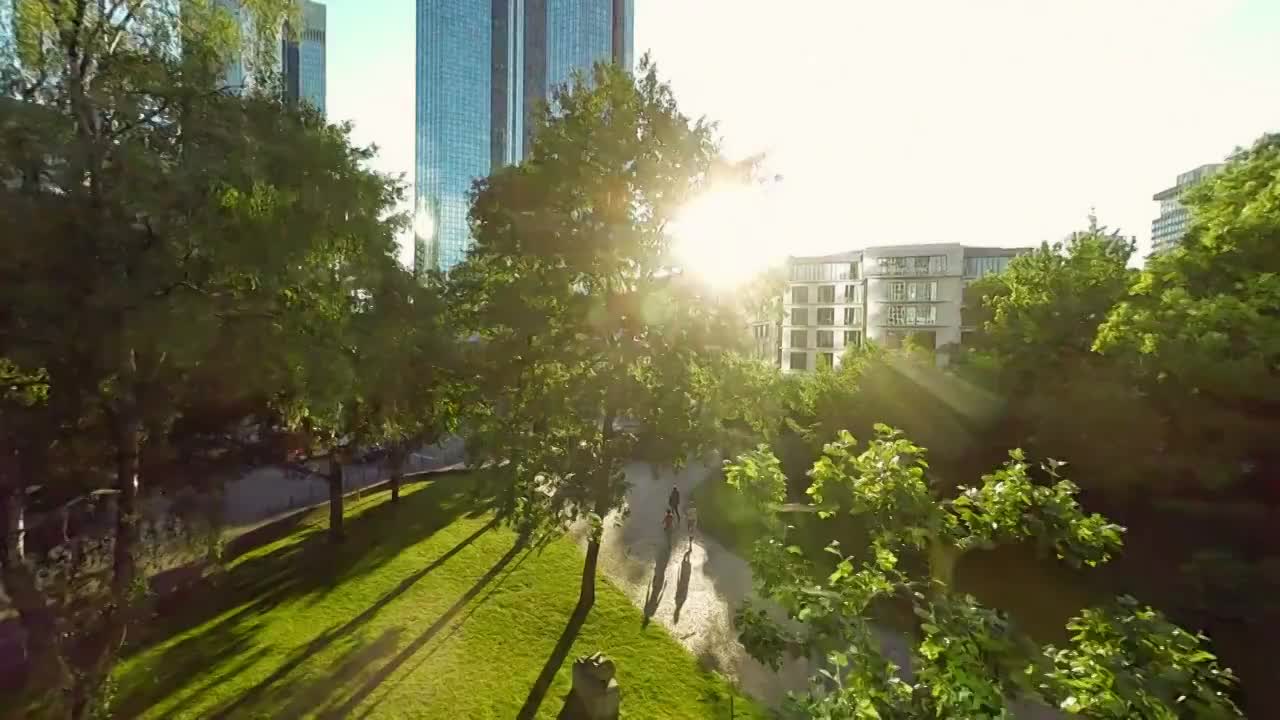 城市公园的观点。日落时的城市天际线视频素材