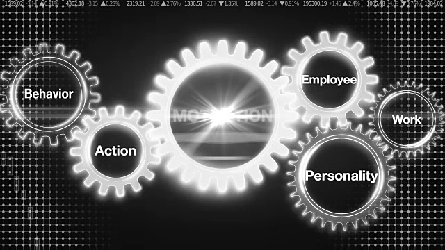齿轮与关键字，行为，个性，员工，行动，工作，商人触摸屏“动机”视频素材