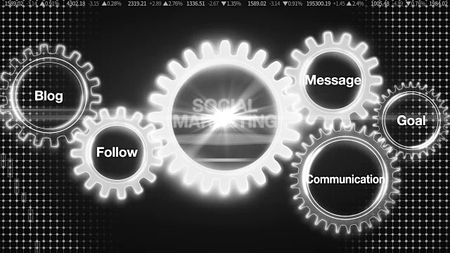 齿轮与关键字，博客，跟随，沟通，信息，目标，商人触屏“社会营销”视频素材
