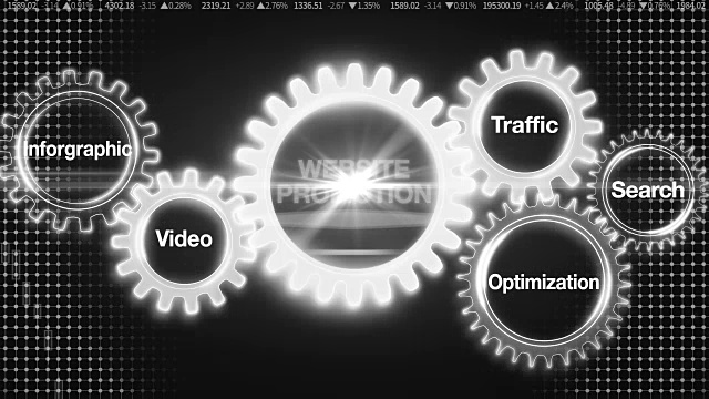 齿轮与关键字，搜索，信息，视频，流量，优化，商人触摸屏'网站推广'视频素材