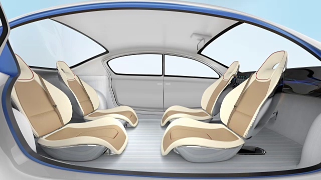 自动电动汽车演示。该车提供折叠方向盘，可旋转乘客座位视频素材
