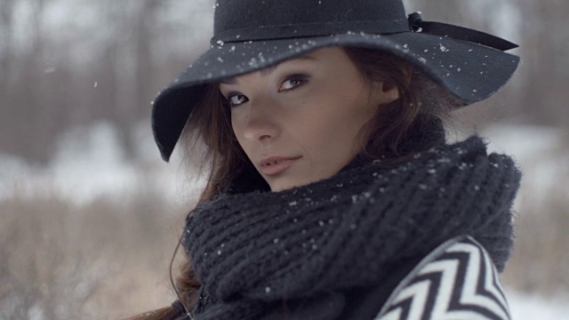 年轻美丽优雅的模特摆姿势在冬天的背景。视频素材