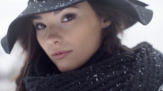 年轻美丽的模特摆姿势在冬天的风景。视频素材