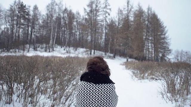 年轻的模特走进了冬天的树林，后视镜。视频素材