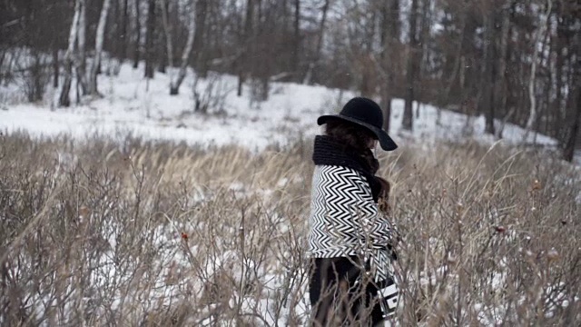 年轻美丽的模特走在冬天的森林。视频素材