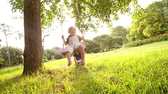 顽皮的男孩推着他的小弟弟在公园荡秋千视频素材