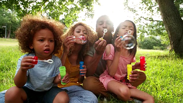 非裔美国家庭坐在美丽的公园里吹泡泡视频素材