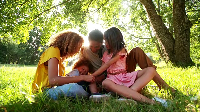 令人惊叹的非裔美国家庭在公园的一棵树下休息视频素材
