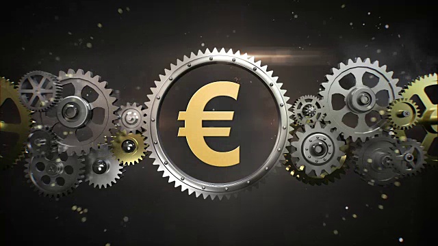 连接齿轮，并使欧元、货币成为货币符号视频素材