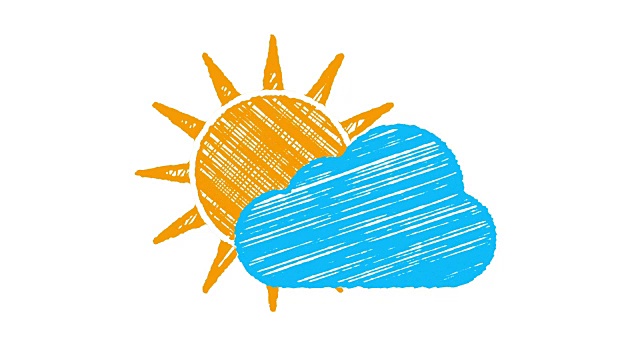 图标是否多云，太阳和蓝色的云绘制与粉笔孤立的白色背景，手绘动画4K视频下载