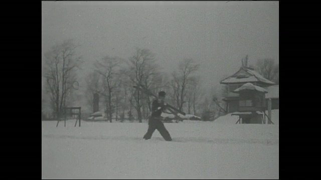 马在雪地上疾驰而过，而滑雪者则一边追着马一边拿着滑雪板。视频素材