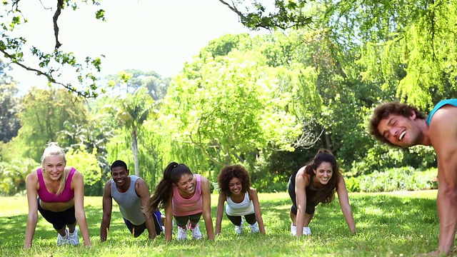 健身课上在公园里做俯卧撑视频素材