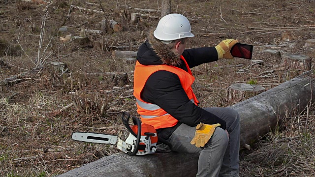 伐木工人坐在链锯附近的树上，使用平板电脑视频下载