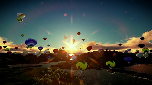 气球飞过群山环绕的湖面，美丽的夕阳，旅行拍摄视频素材