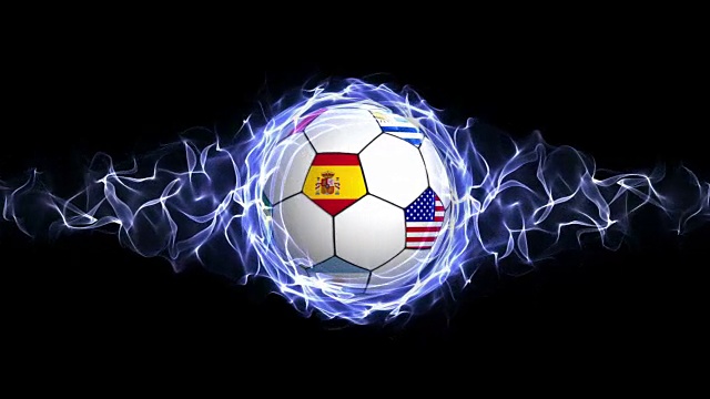 世界旗帜足球在蓝色抽象粒子环，环视频下载