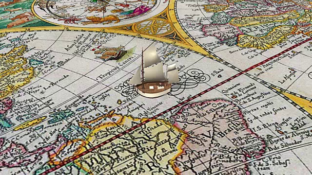 Сartoon帆船在古老的世界地图上穿过赤道视频下载