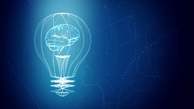 灯泡内部有一个大脑概念设计，蓝色抽象背景。数字动画。无缝循环，从第二个4重复。视频素材