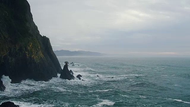 鸟瞰图与戏剧性的光在太平洋西北部的海悬崖视频素材