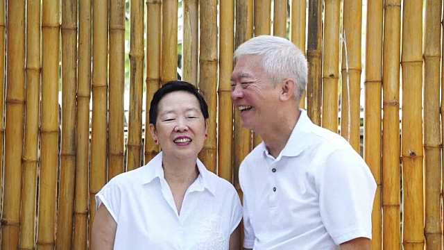 亚洲老年夫妇在大自然中呆在一起。用爱交谈和触摸视频素材