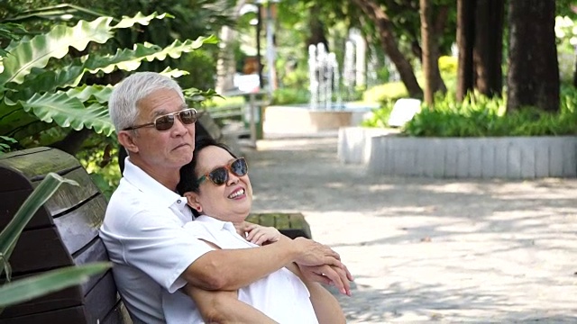 亚洲老年夫妇在大自然中呆在一起。用爱交谈和触摸视频素材