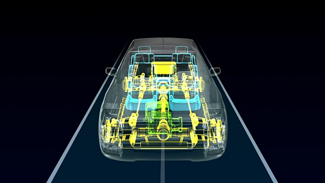 汽车技术。轴系，发动机，内饰。x射线前视图。视频素材
