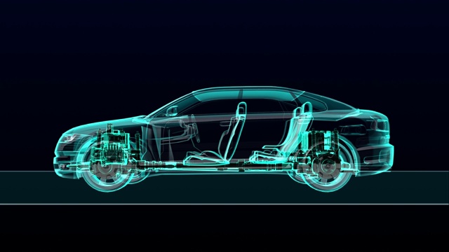 汽车技术。轴系，发动机，内饰。x射线侧视图。视频购买