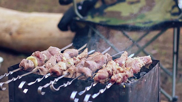 mangal上的生肉烧烤。在金属串上烤的肉块视频素材