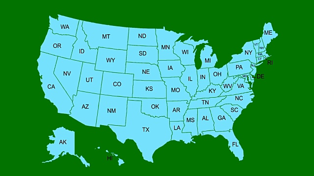 在绿屏背景上显示美国所有州的首字母视频素材