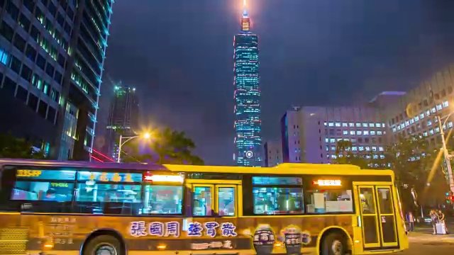 时间流逝-台北101在夜间交通的背景视频素材