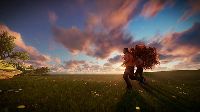 情侣在绿色的草地上奔跑，生命之树迎着美丽的日出视频下载
