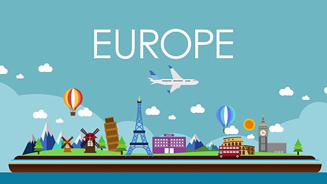 世界地图，欧洲旅行。旅游，插图动画，度假。视频素材