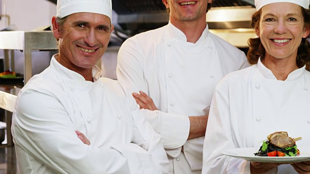 厨师们在商业厨房里微笑视频素材