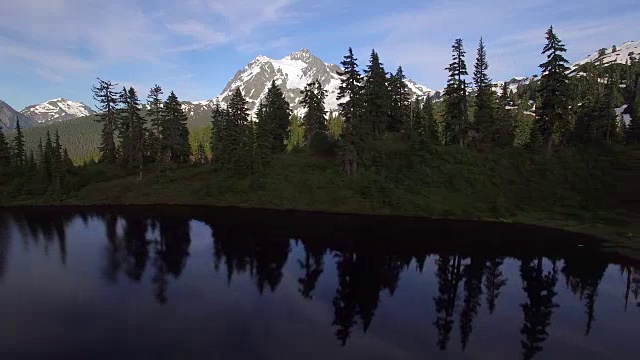 以雪山为背景的森林湖空中全景视频素材