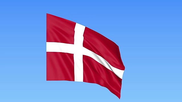 舞动着丹麦国旗，无缝循环。准确的尺寸，蓝色背景。所有国家的一部分。FullHD视频下载