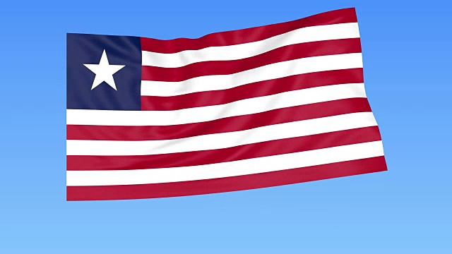 挥舞着利比里亚的旗帜，无缝循环。准确的尺寸，蓝色背景。所有国家的一部分。FullHD视频下载