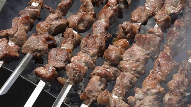 肉在烤肉串上旋转视频素材