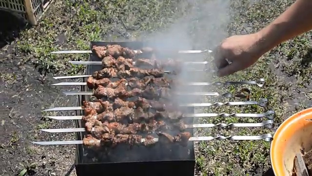 肉在烤肉串上旋转视频素材