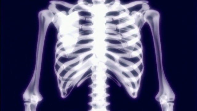 CGI特写，倾斜蓝色背景下的人体骨骼的三维x射线图像视频下载