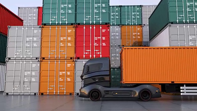 集装箱港口的黑色卡车视频下载